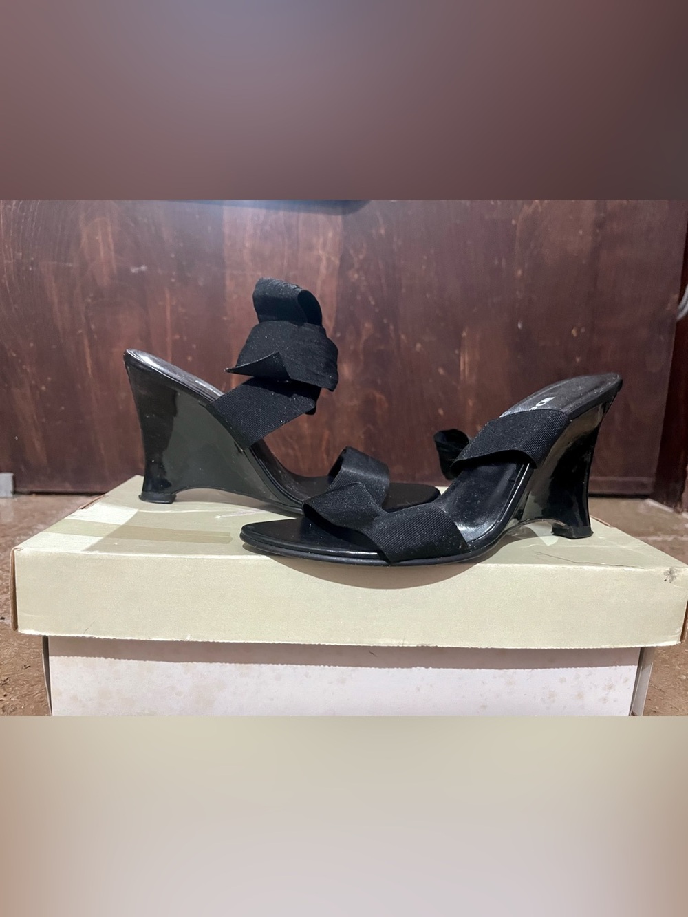 Details Black Ribbon Ankle Tie Wedge Sandals Y2K